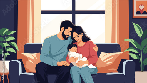 Loving and happy family, including a father, mother, and infant, sitting together on a sofa in a cozy living room, symbolizing strong family bonds.