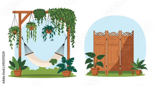 Relaxing garden elements: a comfortable hammock under a plant-covered wooden pergola and a stylish wooden room divider with potted plants.