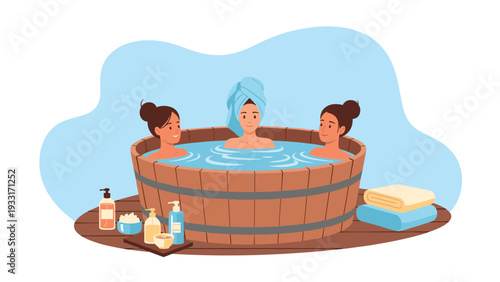 Three diverse women blissfully relaxing in a wooden hot tub, surrounded by various spa products, embodying self-care and wellness.