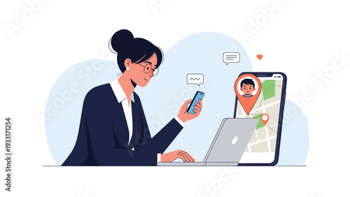 Professional woman working at a desk with laptop and smartphone while monitoring her child location through a digital map app.