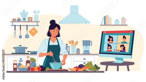 Woman happily cooking in her kitchen while engaging in a lively video call with friends or family, suggesting online cooking classes or virtual gatherings.