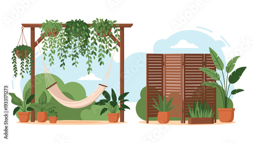 Appealing garden design featuring a relaxing hammock under a plant-covered wooden pergola and a stylish wooden room divider with potted plants.