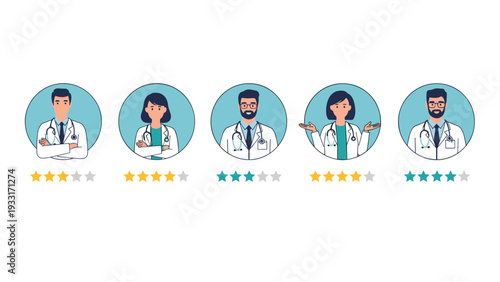 Five diverse doctor avatars displayed with varying star ratings below them, symbolizing medical service reviews and patient feedback.