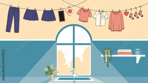 Assorted laundry items hanging on a clothesline to dry in a bright room with a large arched window and household plants.