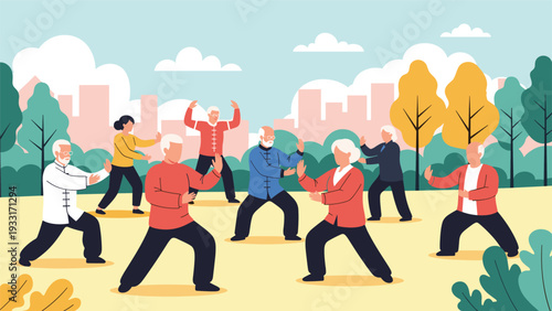 Diverse group of active elderly people gracefully practicing Tai Chi in a beautiful park with a city skyline backdrop, promoting healthy aging.