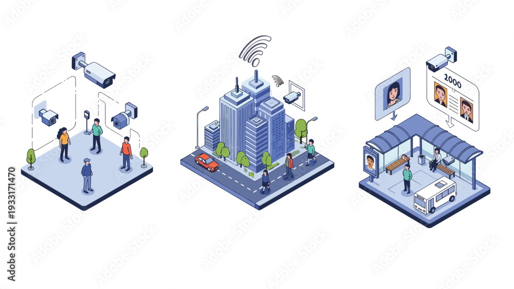 Obraz premium Three isometric illustrations depicting urban surveillance systems, including CCTV and facial recognition, in a park, city street, and bus stop.
