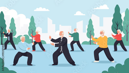 Diverse group of active senior citizens gracefully performing Tai Chi exercises in an urban park with a city skyline background.