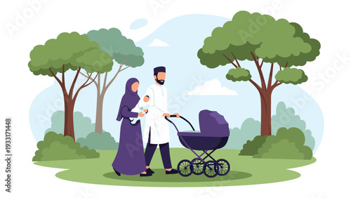 Happy Muslim family, including a father, mother, and infant in a stroller, joyfully walking in a park, promoting family life and cultural diversity.
