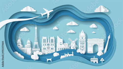 Exquisite layered paper cut-out illustration showcasing famous Parisian landmarks like the Eiffel Tower and Notre Dame, with a plane flying over, symbolizing travel.