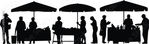 Marketplace silhouettes, street fair vector, vendor stall illustration, shopping people icons, local commerce design, community interaction art, black silhouette graphics