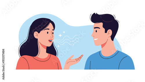 Illustration of a young woman speaking with fresh breath to a man while gesturing with her hand in a friendly conversation.