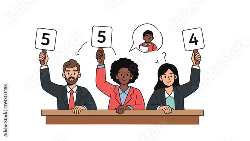 Diverse panel of judges holding scorecards, one expressing confusion with a thought bubble, during a competition or evaluation.