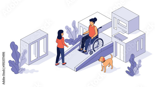 Woman assisting another woman in a wheelchair on a ramp, with a service dog nearby, highlighting accessibility and support in urban environments.