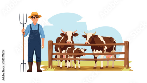 Cheerful farmer holding a pitchfork, standing beside a rustic wooden fence with two cows and a calf in a peaceful rural farm setting.