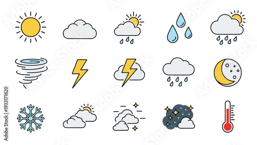 Comprehensive collection of various weather icons, including sun, clouds, rain, snow, lightning, and a thermometer, illustrating diverse atmospheric conditions.