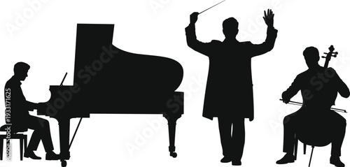 Musical ensemble silhouette, pianist conductor cellist, classical performance, orchestra illustration, chamber music, concert art, black outline, cultural design, music posture