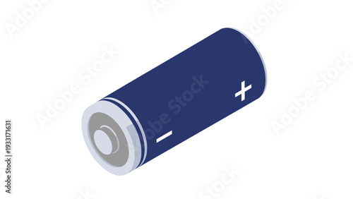 Simple isometric illustration of a single blue cylindrical battery with clearly marked positive and negative terminals, representing energy storage.