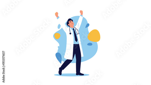 Joyful male doctor in a lab coat with a stethoscope, raising his arms in a gesture of triumph and success, with abstract shapes in the background.