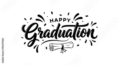 Bold Happy Graduation Typography with Cap and Diploma Scroll, isolated white background, celebratory achievement