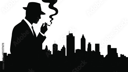 Noir detective silhouette, man smoking cigarette, fedora hat figure, city skyline background, urban mystery concept, black vector illustration, vintage crime art