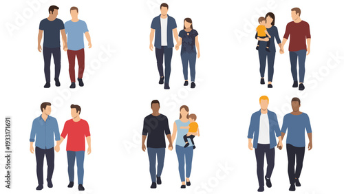 Diverse array of walking couples, including various family structures, heterosexual and same-sex partnerships, celebrating modern relationships and inclusivity.