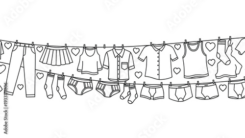 Patterned illustration of various clothing items and small hearts hanging on a clothesline for drying in a cute doodle style.