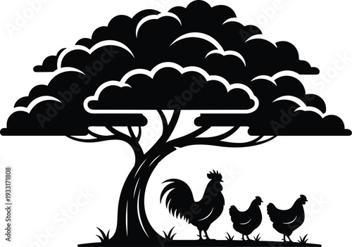 Black and white farm scene with tree and chickens illustration