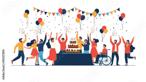 Diverse group of joyful people celebrating a birthday party with balloons, confetti, a large cake, and sparklers, promoting inclusivity and happiness.