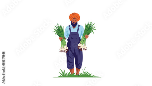 Indian farmer wearing a turban and overalls, proudly holding two large bundles of freshly harvested green onions, standing in a vibrant field.