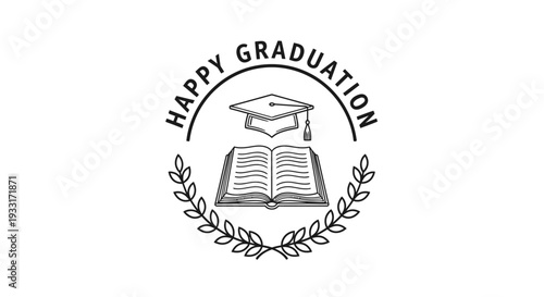 Black and white line art illustration of a graduation emblem with a cap, open book, and laurel wreath, featuring 'Happy Graduation' text.