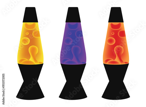 Set of three retro lava lamps, vibrant liquid motion in classic decorative objects