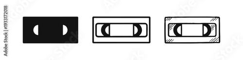 VHS tape vector icons. Video cassette symbols in silhouette, outline, and hand-drawn doodle style.