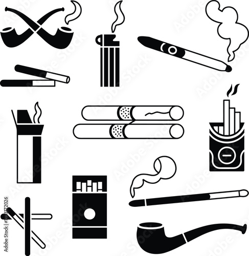 Smoking accessories silhouette icon set featuring cigarettes cigars pipes lighter and tobacco pack isolated on dark background vector