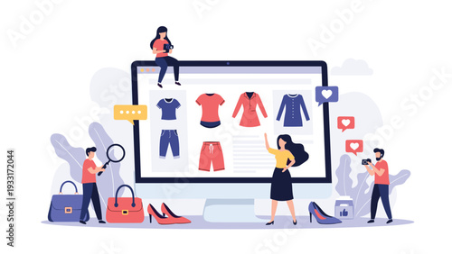 People interacting with a large computer screen displaying diverse clothing items, surrounded by shopping bags and social media icons, symbolizing online fashion retail and e-commerce.