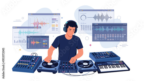 Male DJ wearing headphones, skillfully mixing music on turntables and a mixer, surrounded by screens displaying sound waves and audio editing software for music production and performance.
