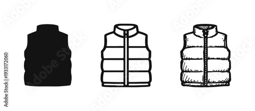 Puffer vest vector icons. Down vest symbols in silhouette, outline, and hand-drawn doodle style.