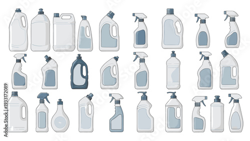 Extensive collection of various household cleaning product bottles, including sprays, detergents, and liquids, showcasing common home care and hygiene essentials.