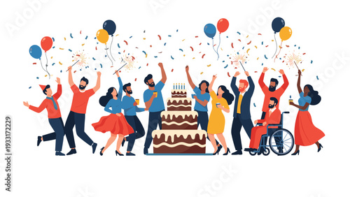 Vibrant birthday celebration with a diverse group of joyful people, balloons, confetti, a large chocolate cake, and sparklers, highlighting inclusive happiness and festivity.
