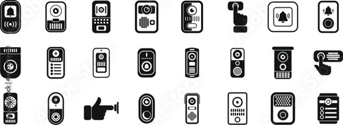 Comprehensive collection of 24 solid black icons featuring modern smart doorbell designs, intercom systems, and touch-access security devices.