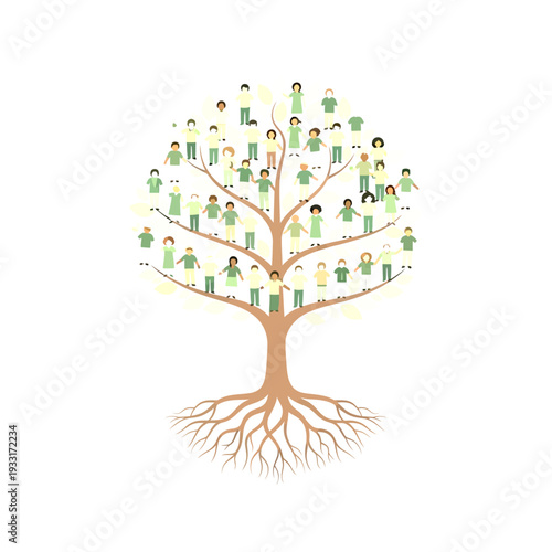 Detailed family tree illustration with diverse, interconnected people forming leaves, symbolizing ancestry, genealogy, and community.