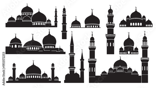 Set of 16 mosque silhouettes vector