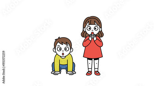 Illustration of a young boy and girl with large eyes and open mouths looking extremely surprised or shocked by something.