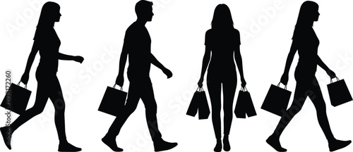 Shopping people silhouettes, walking with bags, retail consumer figures, black vector illustration, lifestyle design, isolated icons, fashion shopping concept, market art