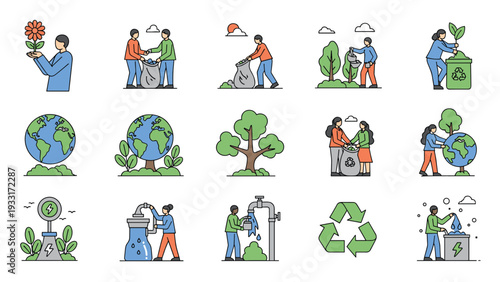 Extensive collection of environmental and ecology icons, depicting people planting trees, recycling, and conserving water, illustrating concepts of Earth protection and renewable energy.