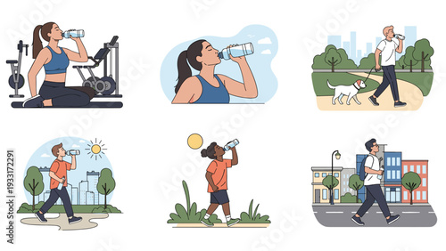 Six illustrations depicting diverse people drinking water during various activities like exercise, walking, and running, emphasizing the importance of hydration and health.