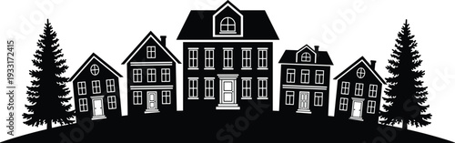 Silhouette houses row, suburban neighborhood, pine trees, residential architecture, family homes, village skyline, community living, black outline art, landscape illustration