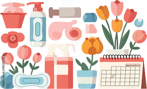 Spring Cleaning and Home Organization Vector Set with Flowers Calendar Soap and Household Supplies
