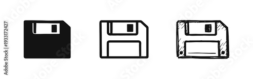Floppy disk drive vector icons. Diskette storage symbols in various styles.