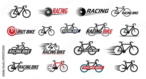 Collection of various racing bike logos and emblems for sports and cycling.