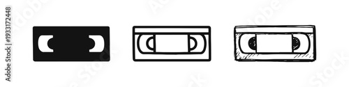 Video cassette recorder tape vector icons. VHS media symbols in various styles.